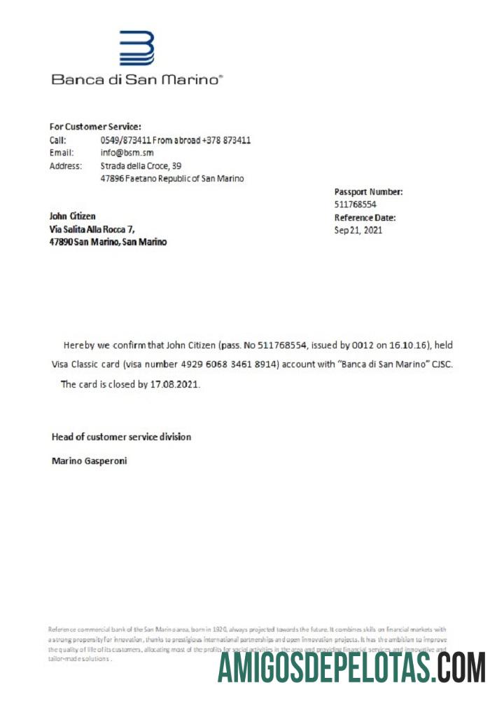 Referência de fechamento do San Marino Banca Di San Marino baixar para verificação